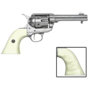 Old West Replica M1873 Antique Finish Quick Draw Revolver, Ivory Finger Grooved Grips Caps Firing Replica