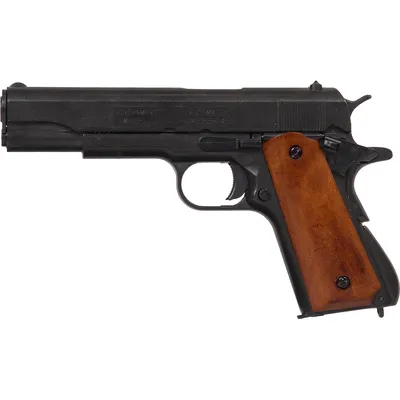 WWII M1911A1 Black Finish with Real Plain Wood Grips. Field Strippable. Non-Firing Replica