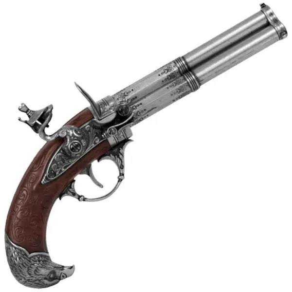 Denix 18th Century 3 Barrel Antique Gunmetal Finish Flintlock Pistol with Eagle Head Grip