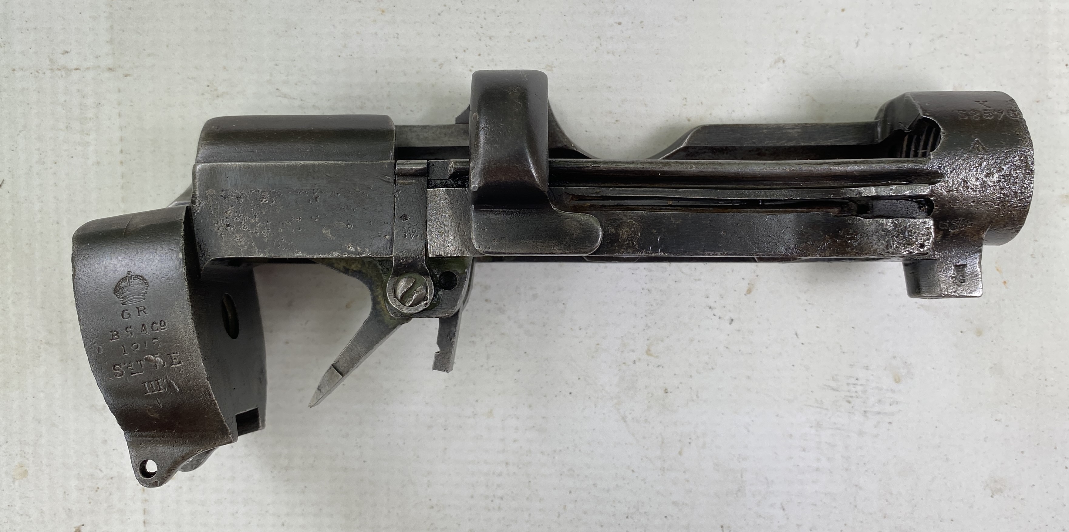 WWI No. 1 Mk III Enfield SMLE Receiver G.R. B.S.A. Co. 1915 w/ magazine cut-off cut, SN X32576